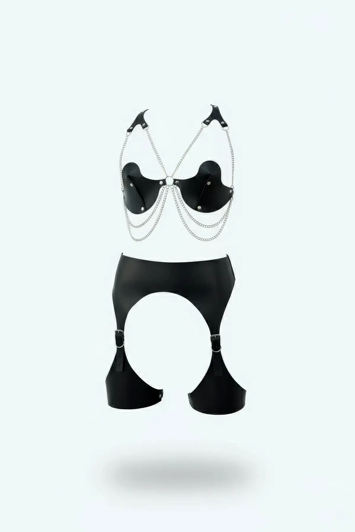 Siyah Harness Takım Zincir Detaylı Suni Deri Jartiyerli - Brf1221