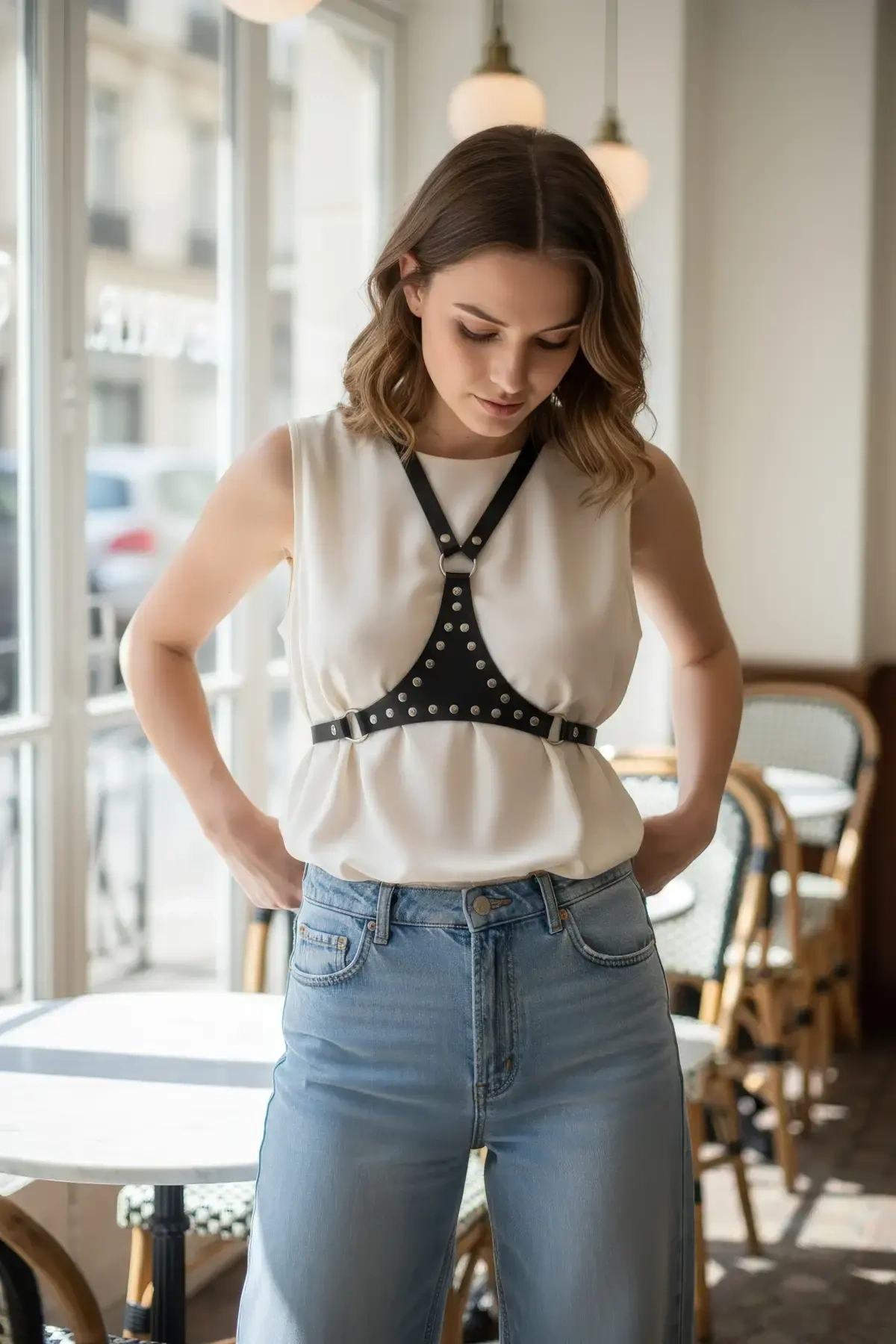 Siyah Kadın Kemer Çivili Deri Omuz Aksesuarı - Brf1279