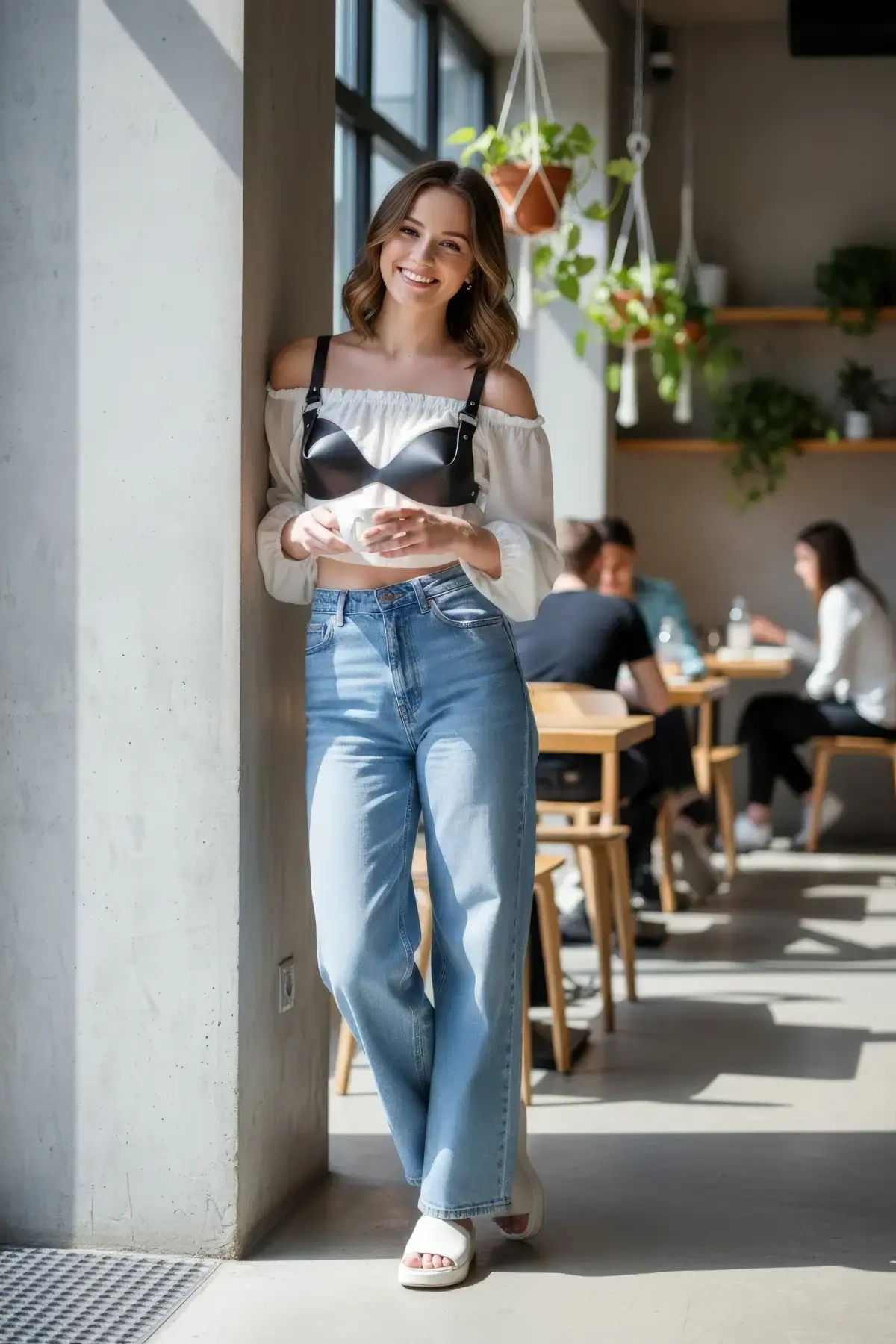 Siyah Kadın Kemer Deri Büstiyer Kesimli Omuz Detaylı - Brf1149