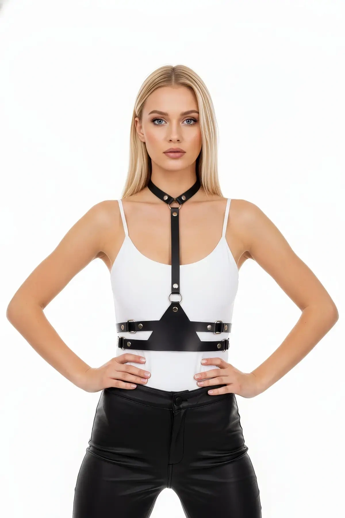 Siyah Kadın Kemer Deri Vücut Aksesuarı Boyun Detaylı - Brf17