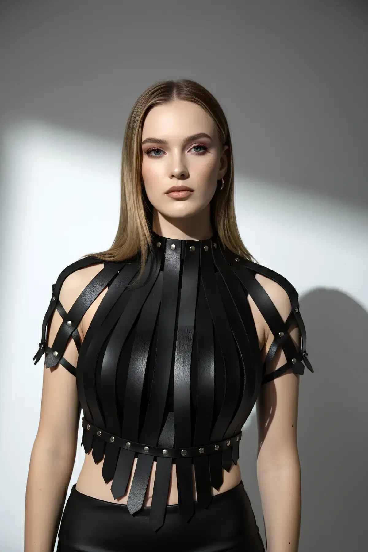 Siyah Kadın Kemer Deri Zımba Detaylı Vücut Aksesuarı - Brf1257