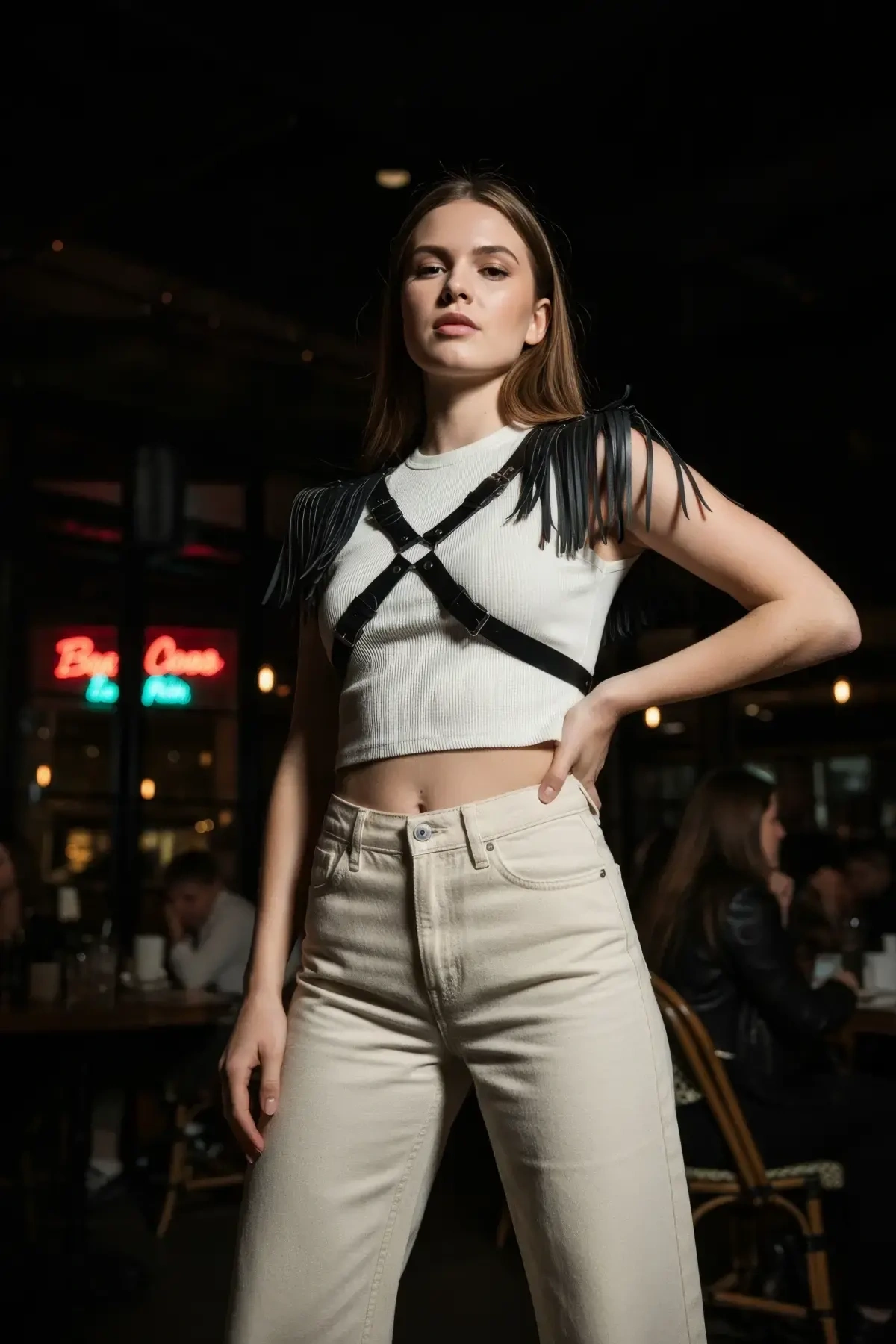 Siyah Kadın Kemer Püskül Detaylı Deri Vücut Aksesuarı - Brf1240