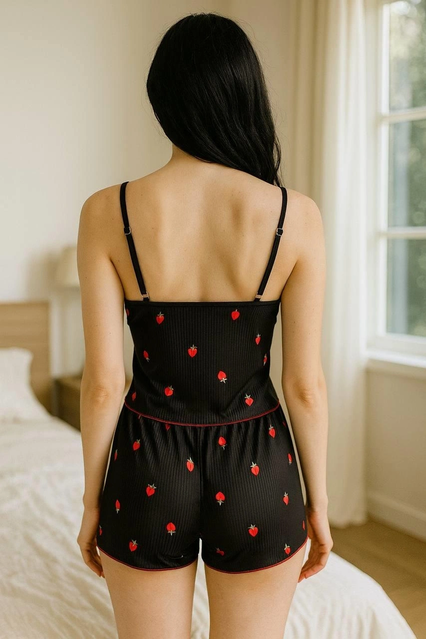 Siyah Üstüne Çilek Desenli Askılı Şortlu Pijama Takımı
