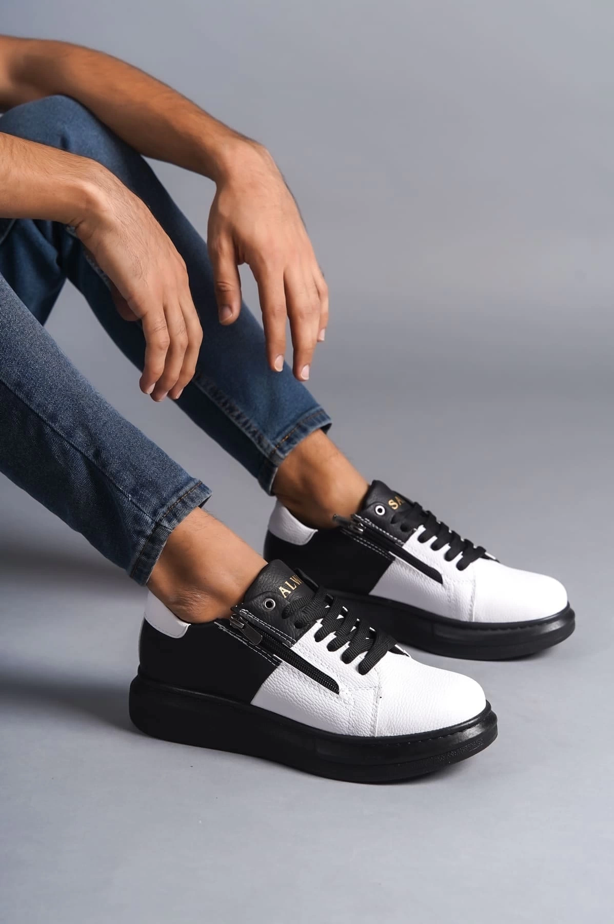 SLW155 Warrior Bağcıklı ve Fermuarlı Cilt Erkek Günlük Sneaker Ayakkabı CST - Siyah/Beyaz