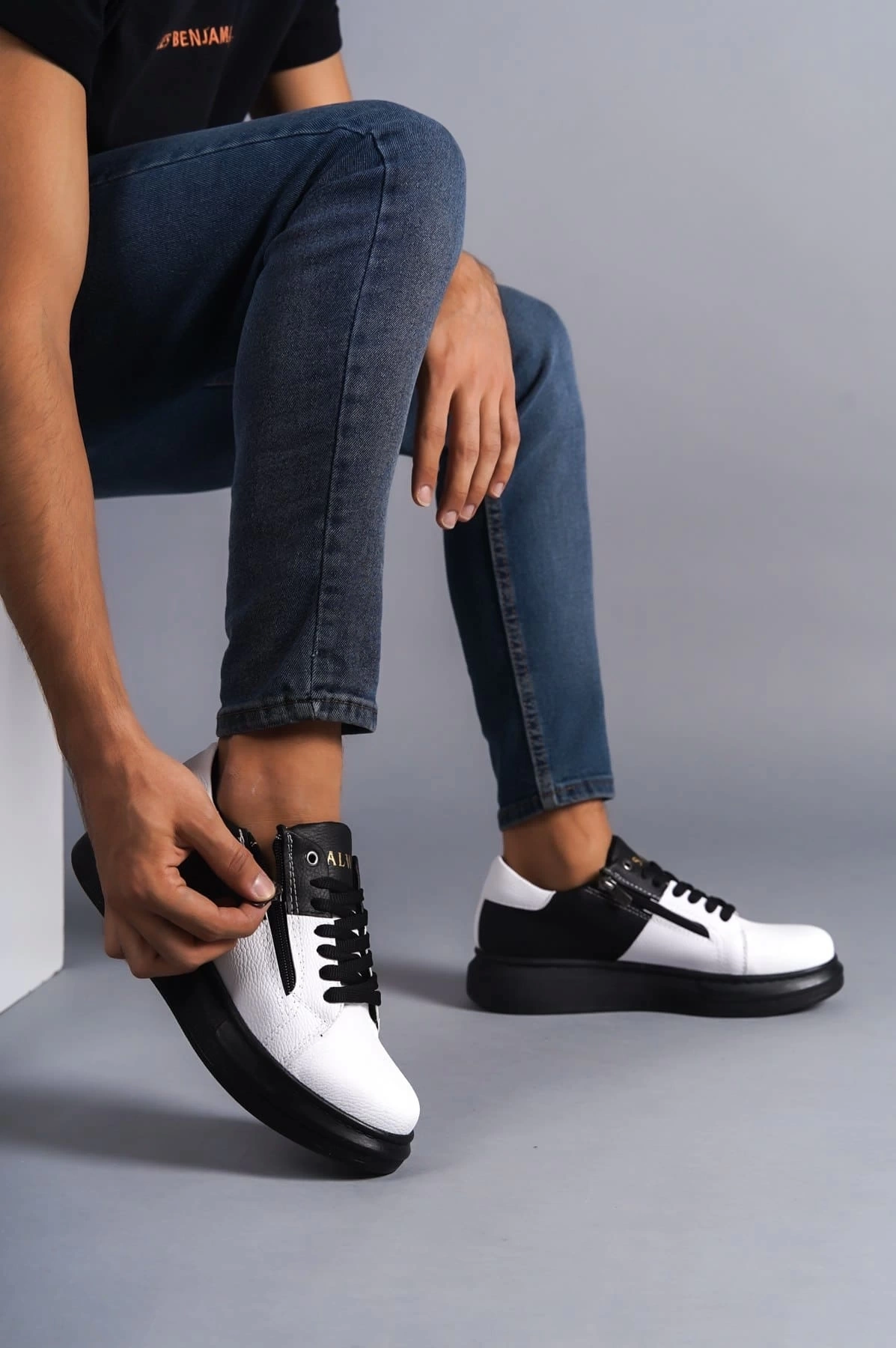 SLW155 Warrior Bağcıklı ve Fermuarlı Cilt Erkek Günlük Sneaker Ayakkabı CST - Siyah/Beyaz