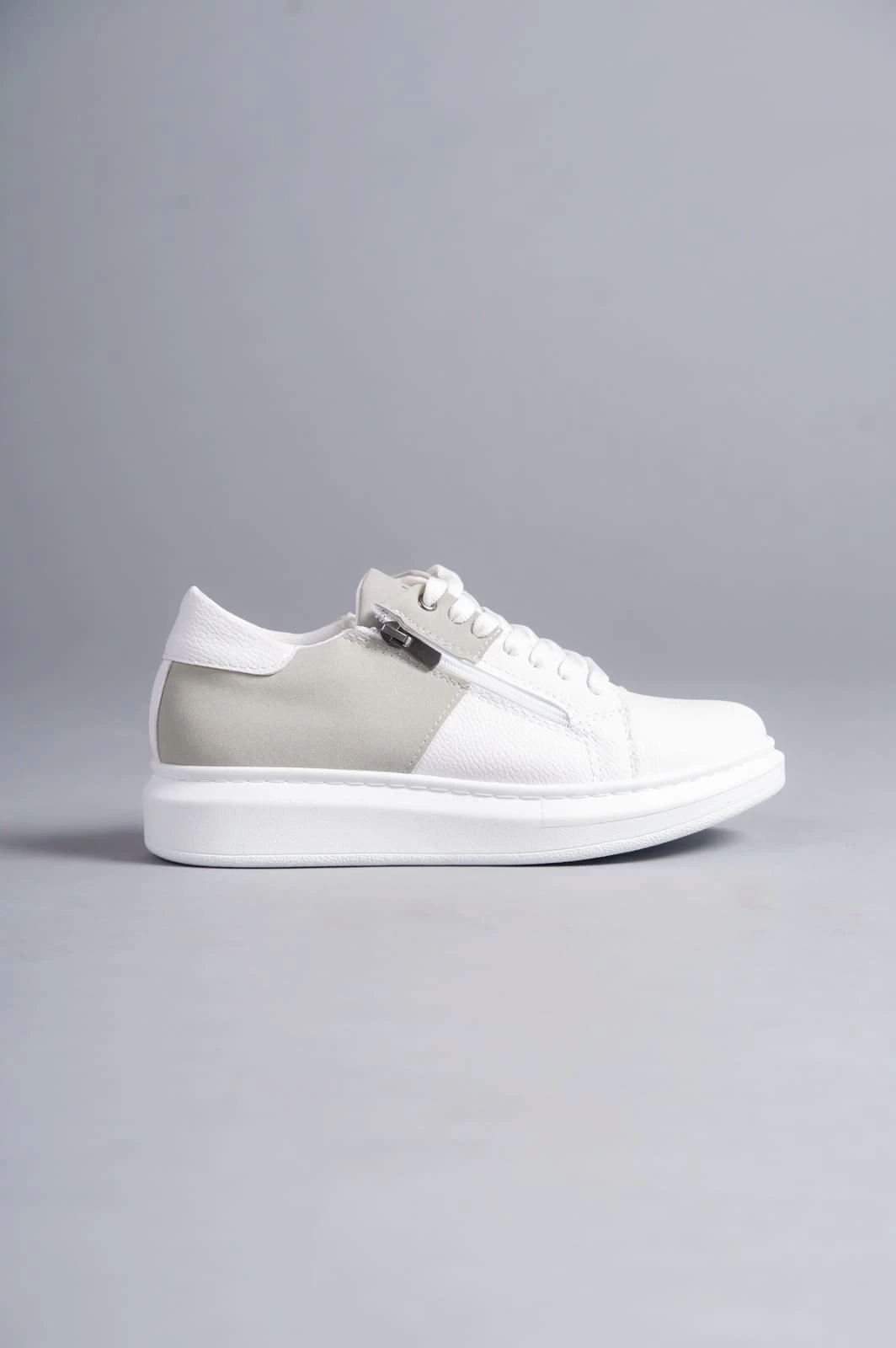 SLW155 Warrior Bağcıklı ve Fermuarlı Cilt Süet Erkek Günlük Sneaker Ayakkabı CSBT - Beyaz/Gri