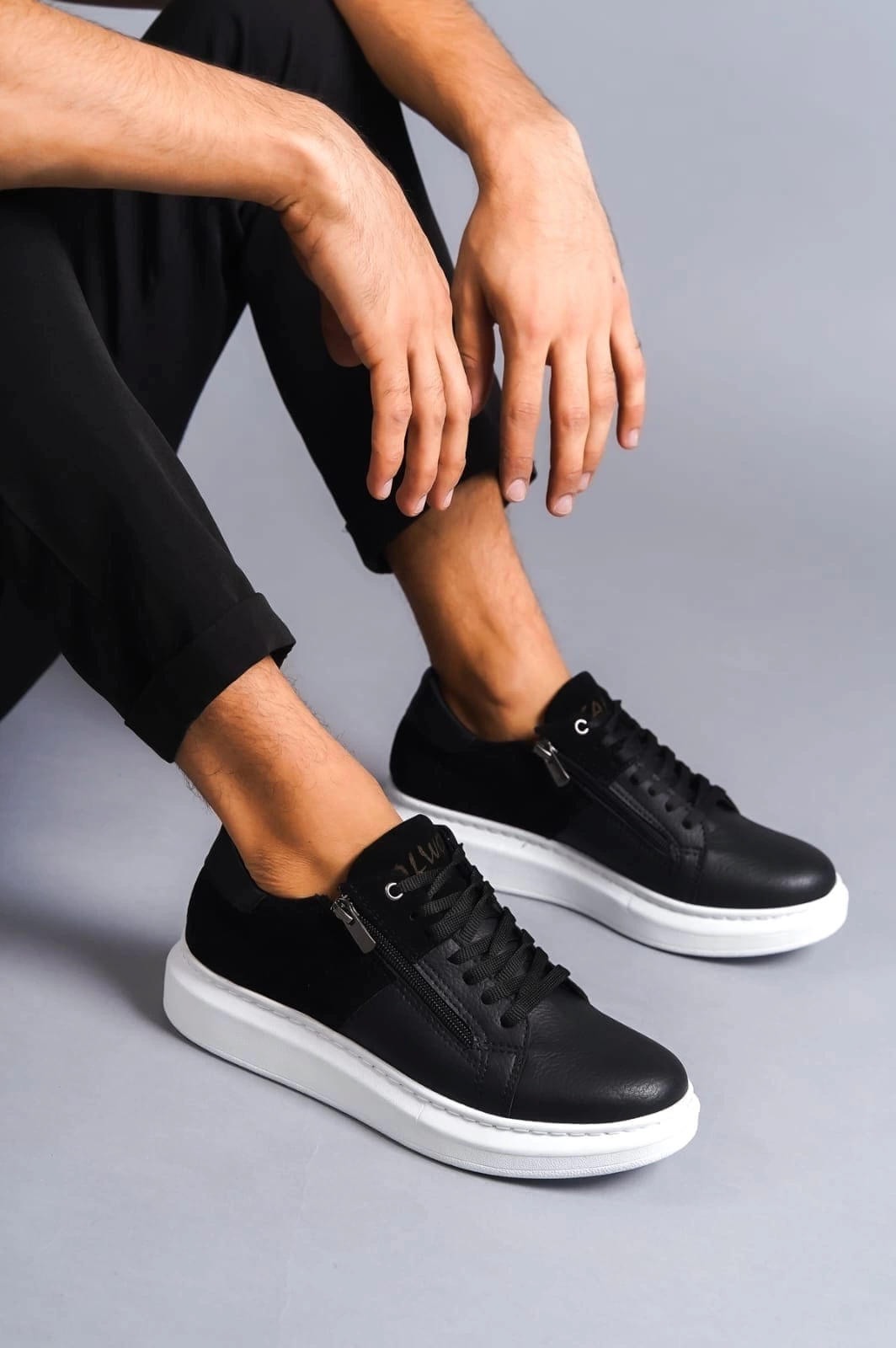 SLW155 Warrior Bağcıklı ve Fermuarlı Cilt Süet Erkek Günlük Sneaker Ayakkabı CSBT - Siyah