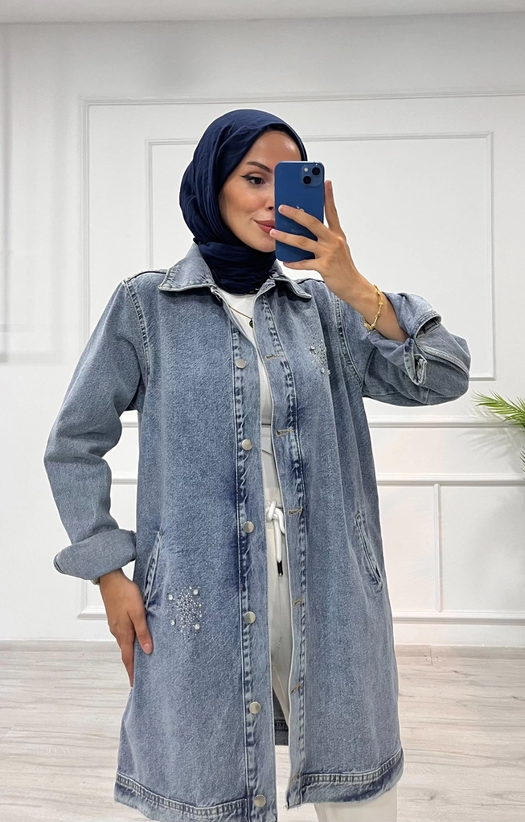 Taşlı tunik ceket kar yıkama orta mavi