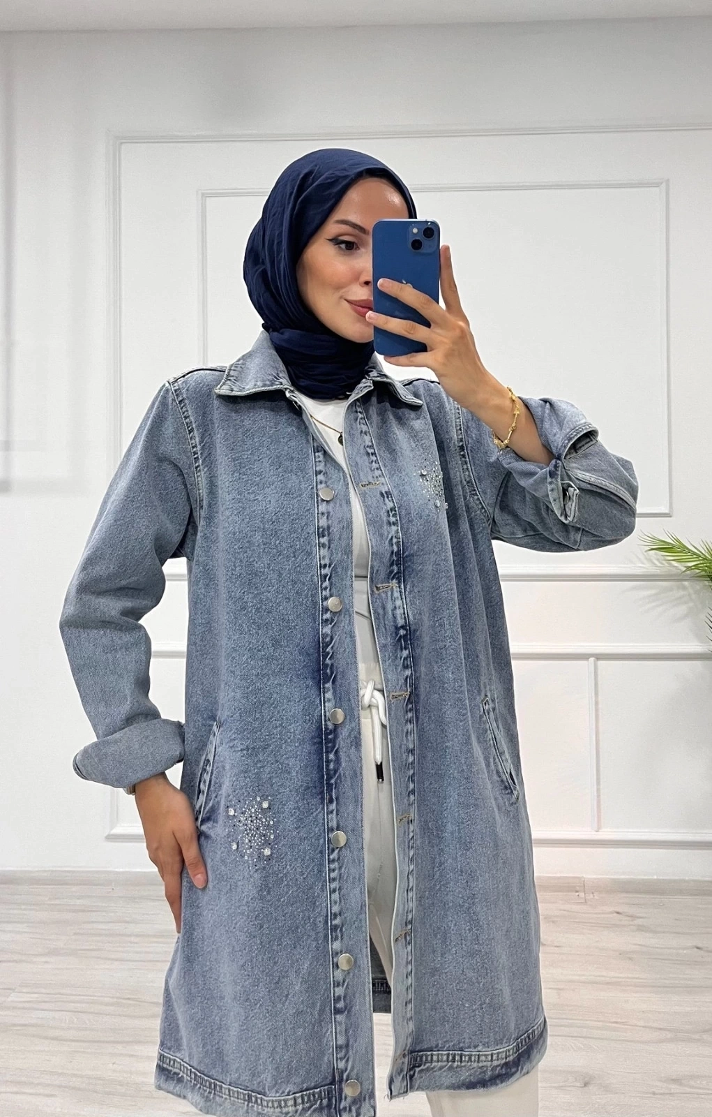 Taşlı tunik ceket kar yıkamalı mavi