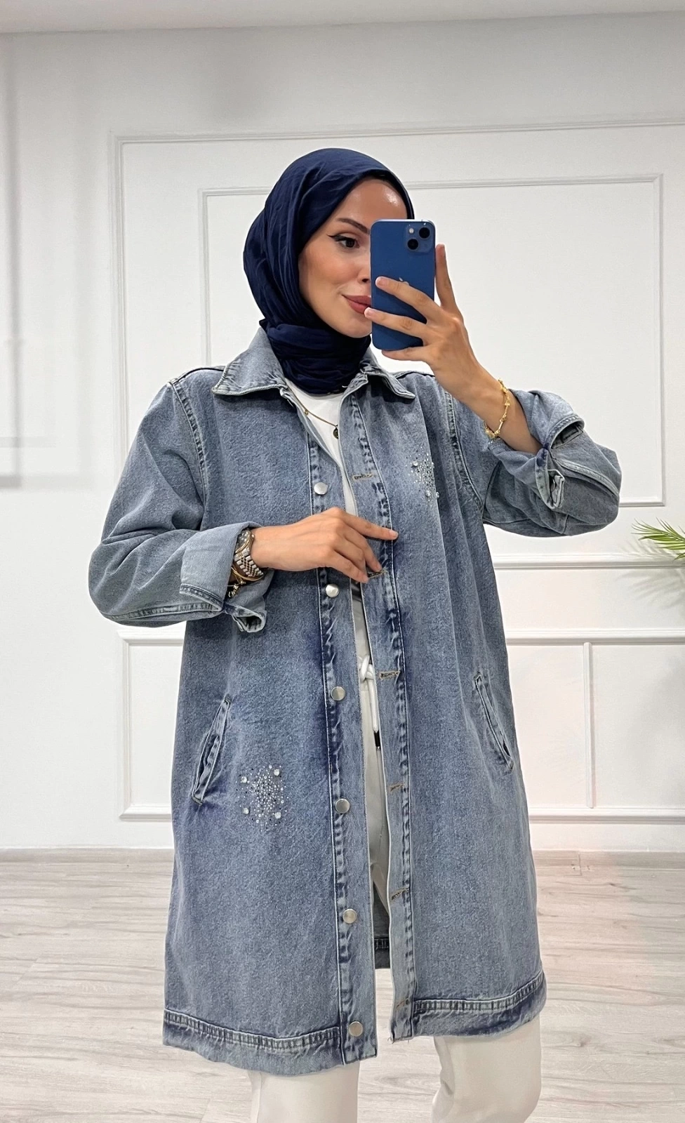 Taşlı tunik ceket kar yıkamalı mavi d2516
