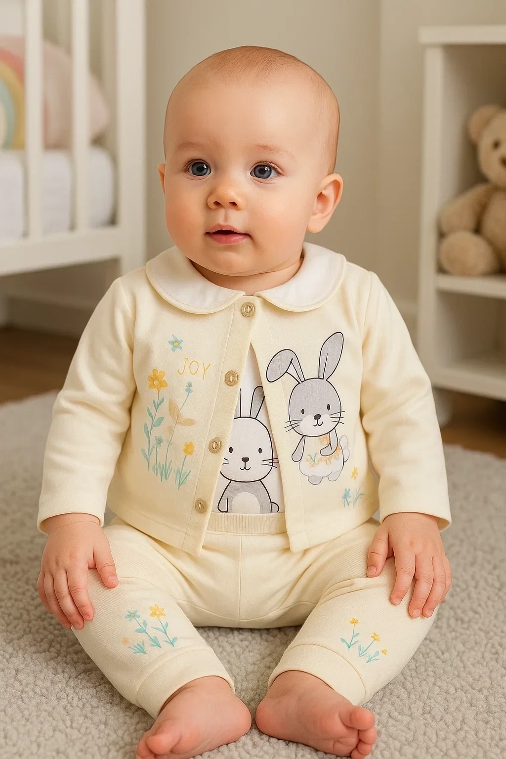 Tavşan Desenli Çiçekli 3lü Hırkalı Kız Bebek Takım