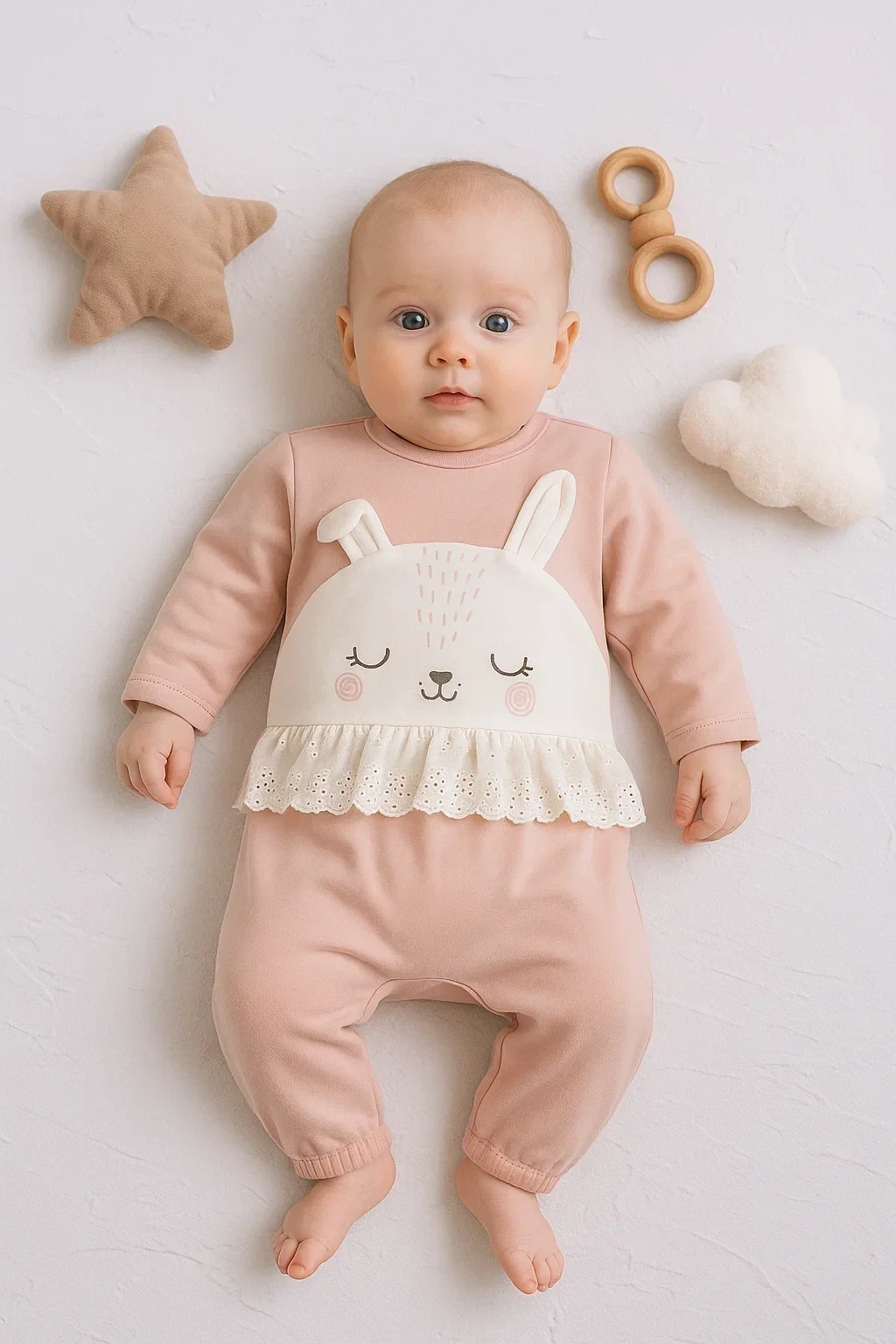 Tavşan Nakışlı Güpürlü % 100 Pamuk Kız Bebek Tulum