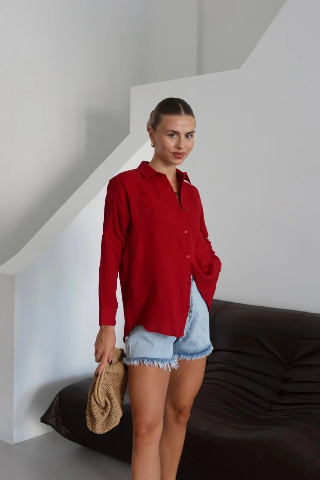 Tek cepli müslin gömlek bordo pt