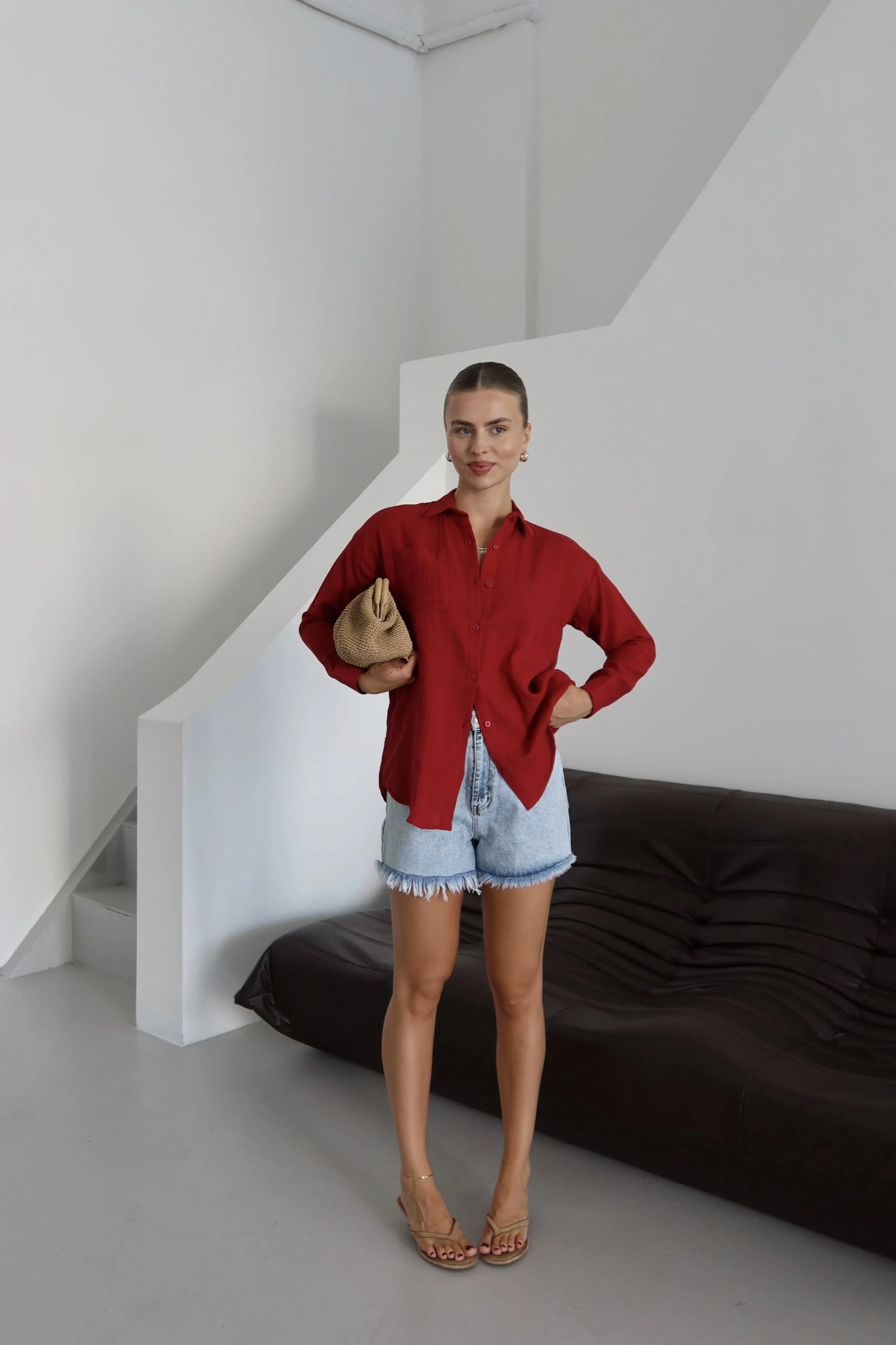 Tek cepli müslin gömlek bordo pt