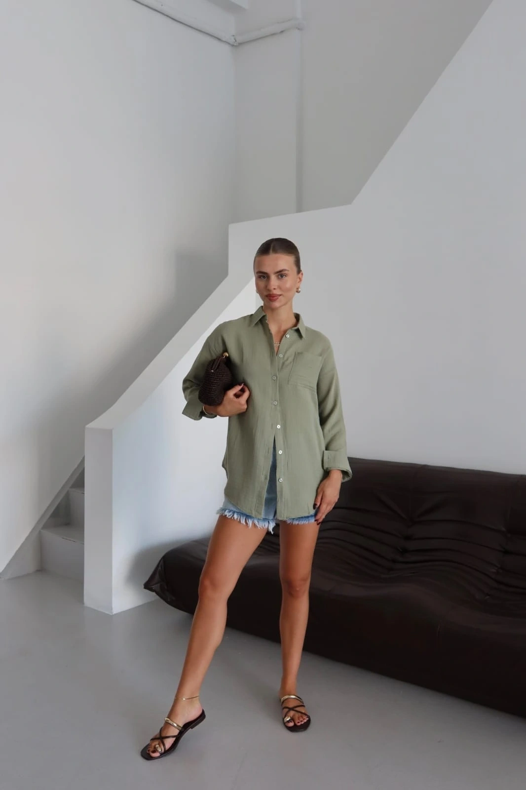 Tek cepli müslin gömlek haki pt