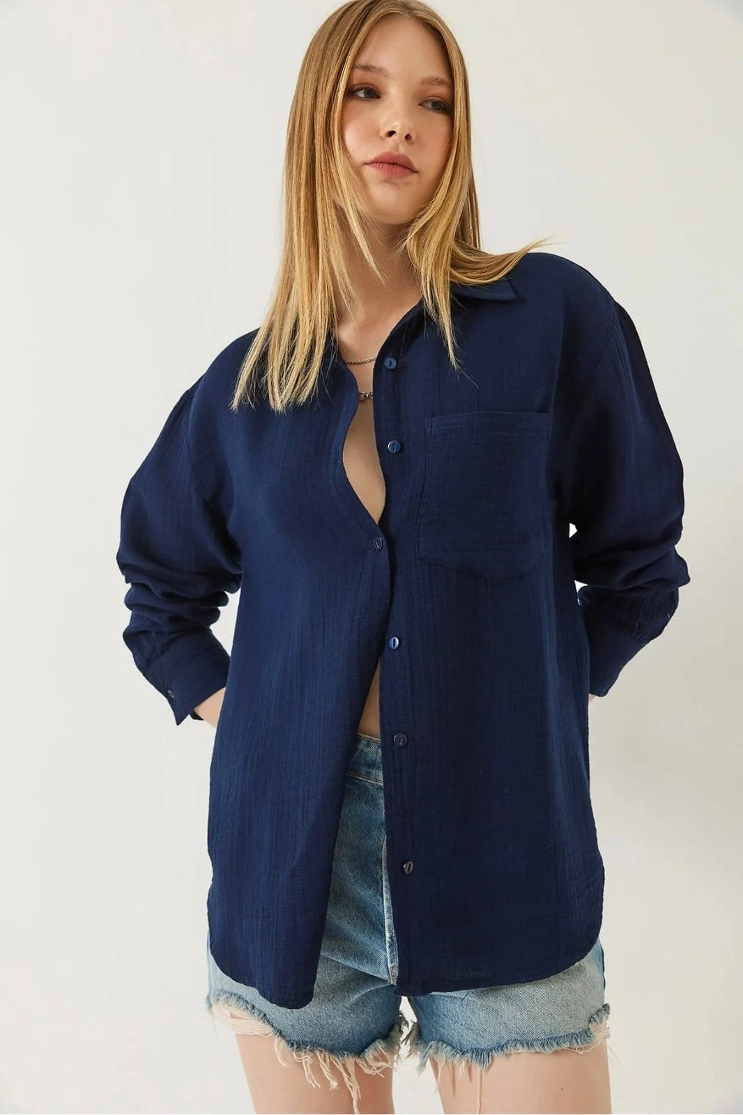 Tek cepli müslin gömlek lacivert pt