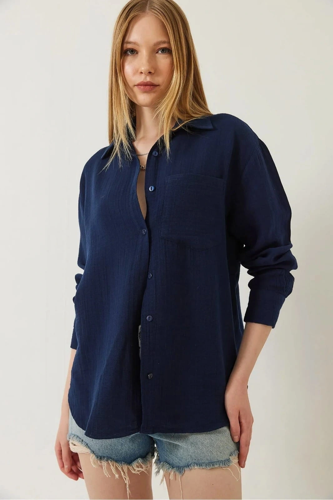 Tek cepli müslin gömlek lacivert pt