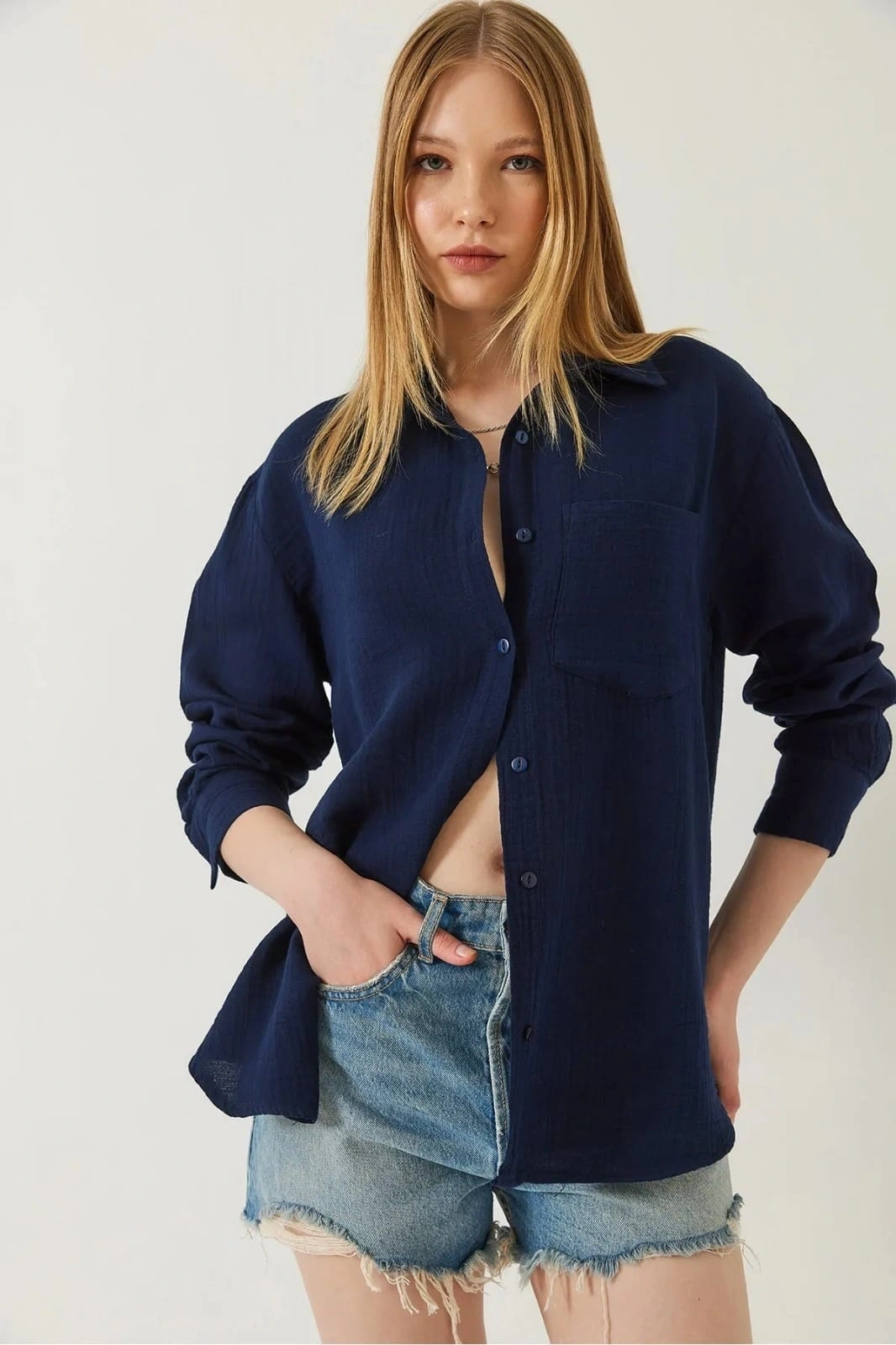 Tek cepli müslin gömlek lacivert pt