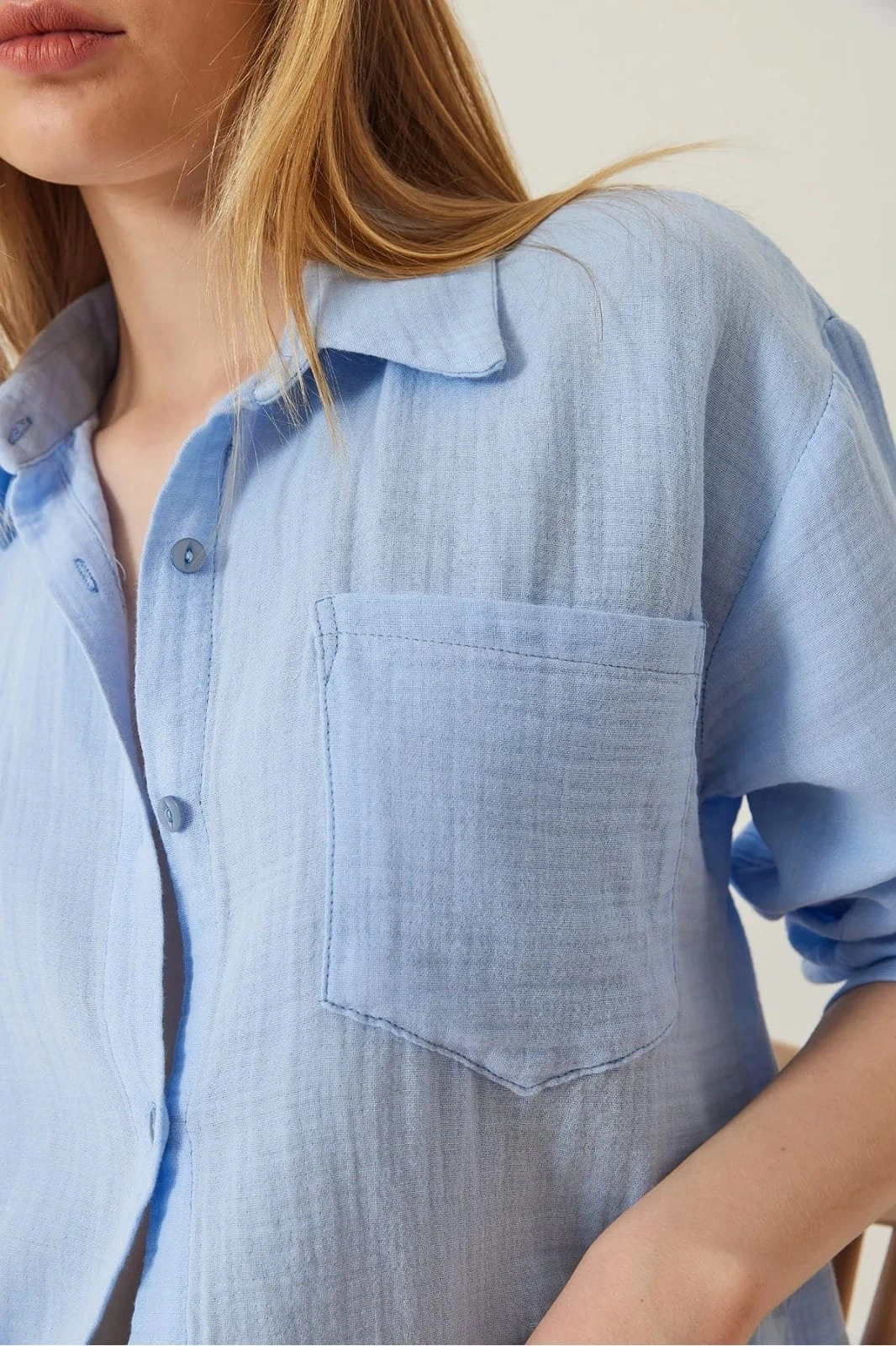 Tek cepli müslin gömlek mavi pt