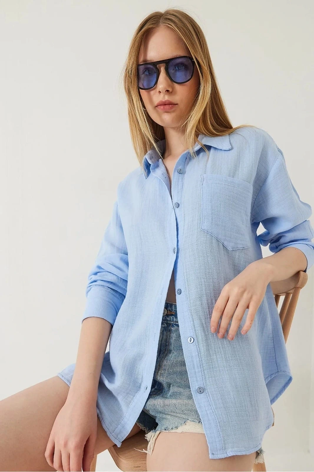 Tek cepli müslin gömlek mavi pt