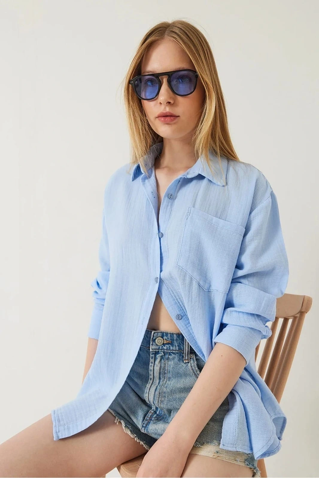 Tek cepli müslin gömlek mavi pt