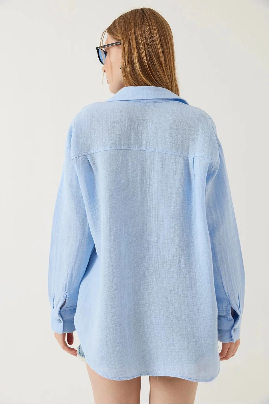 Tek cepli müslin gömlek mavi pt