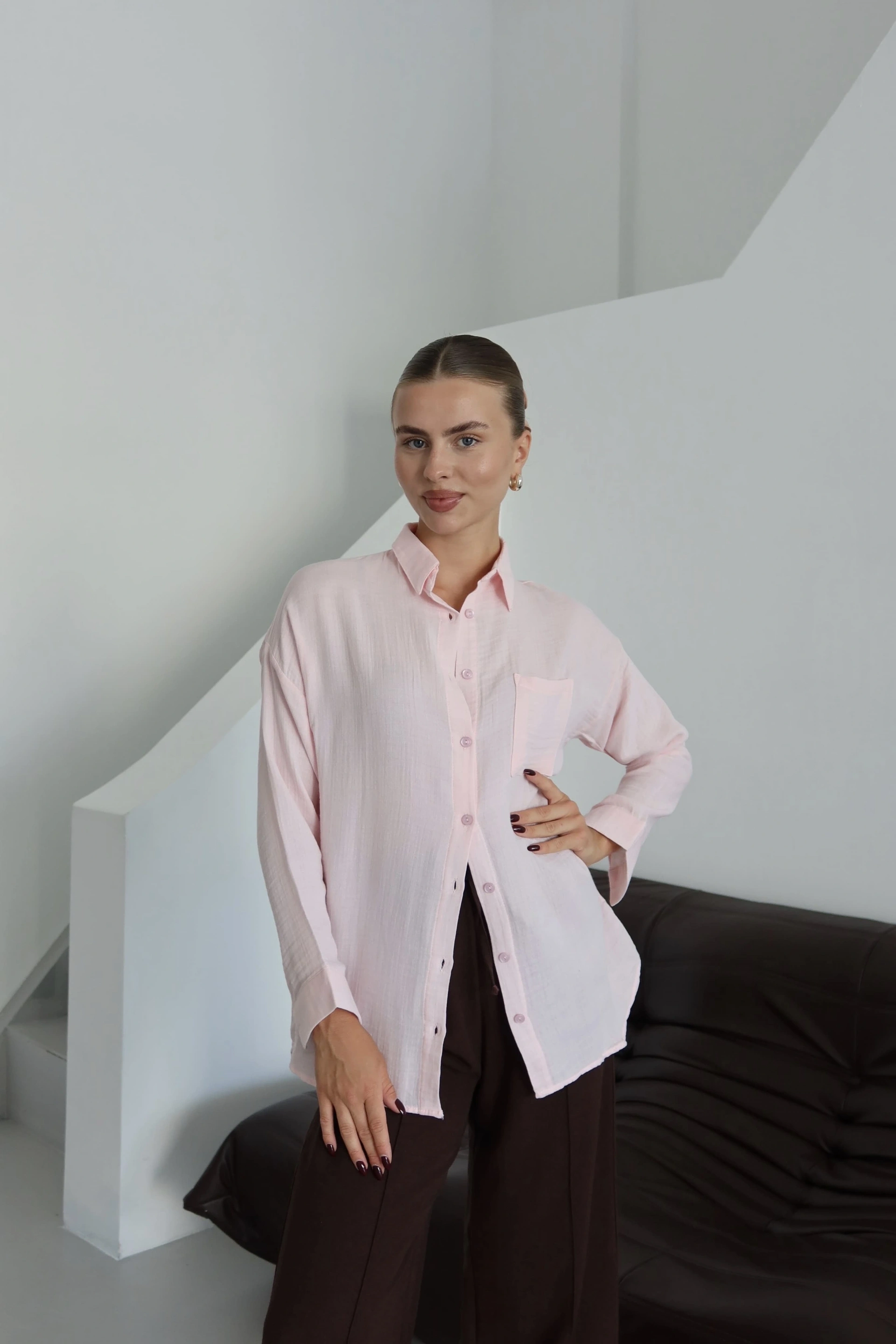 Tek cepli müslin gömlek pembe pt