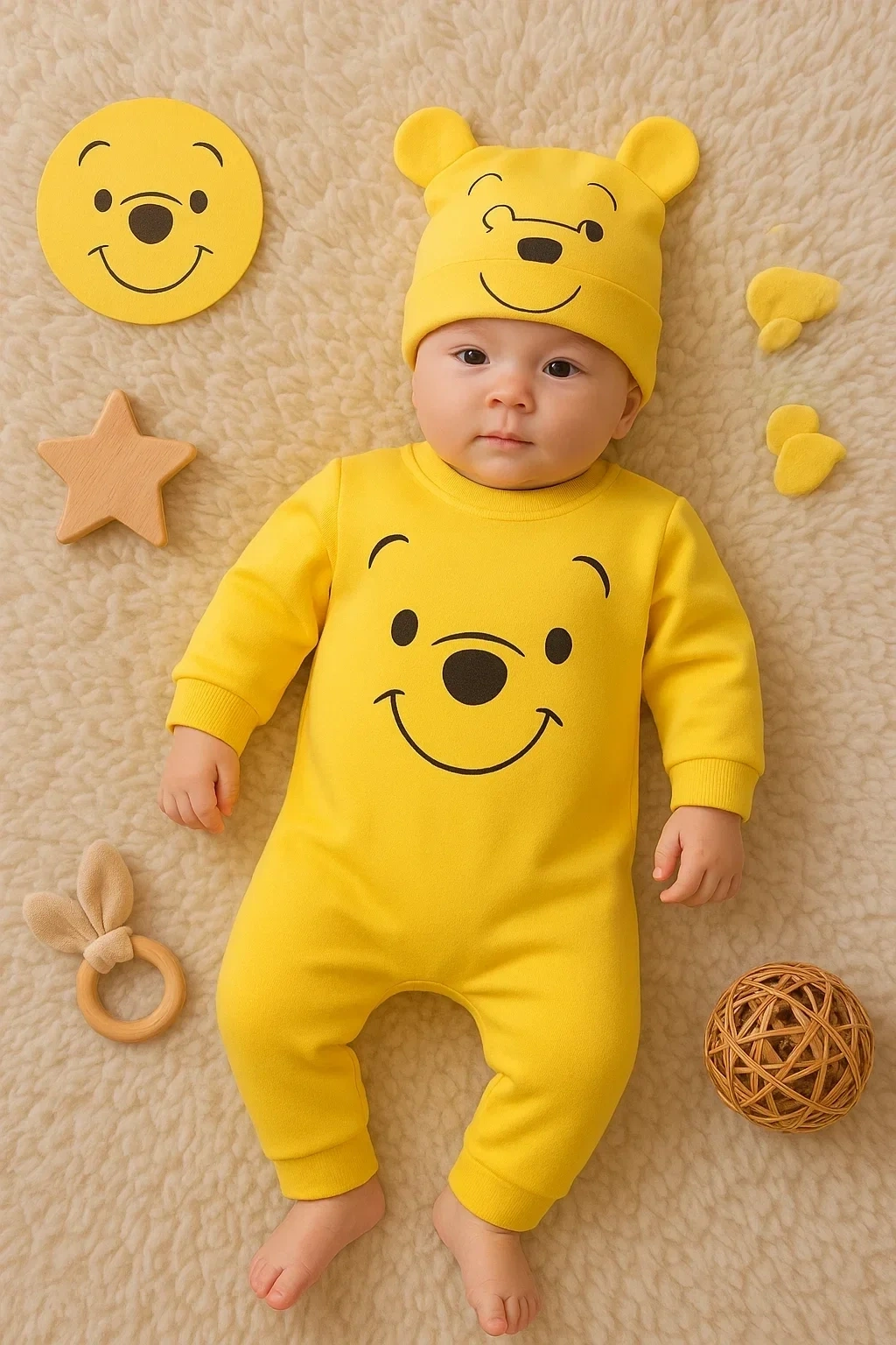 The Bear Desenli % 100 Pamuk Şapkalı Tulum