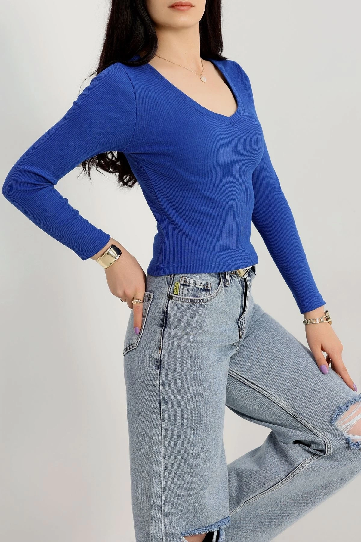 V yaka kaşkorse bluz saks mavisi