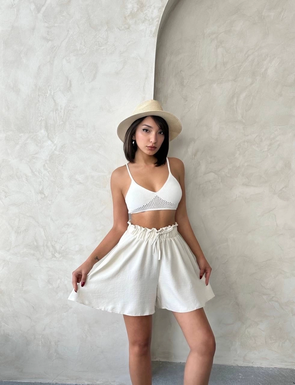 Volanlı keten şort bej s255058