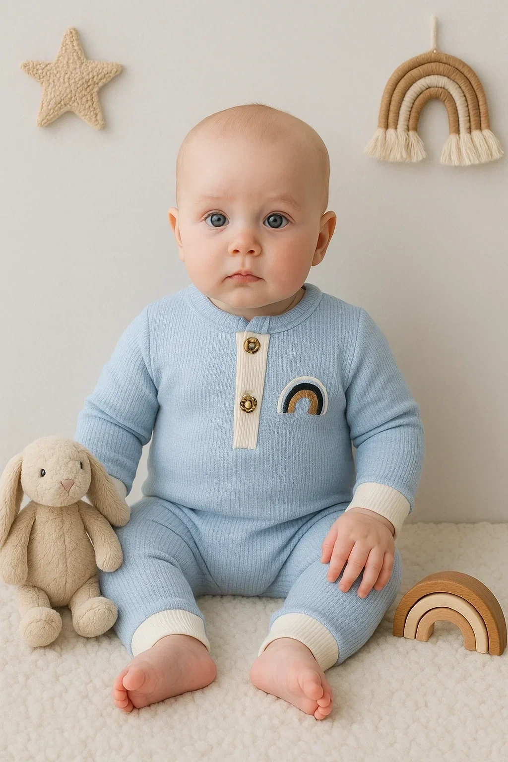 Waffle Gökkuşağı Nakışlı Erkek Bebek Tulumu
