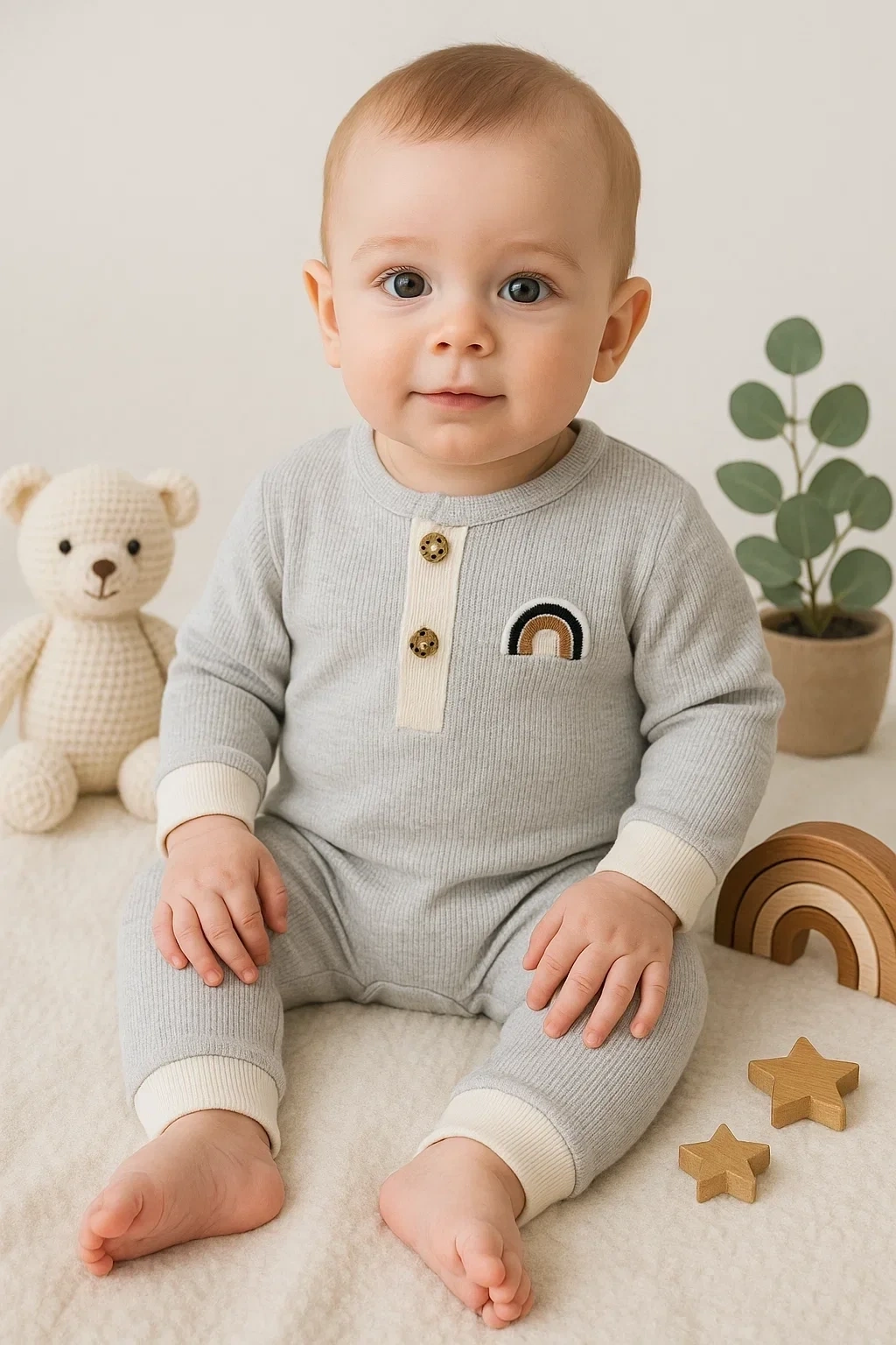 Waffle Gökkuşağı Nakışlı Erkek Bebek Tulumu
