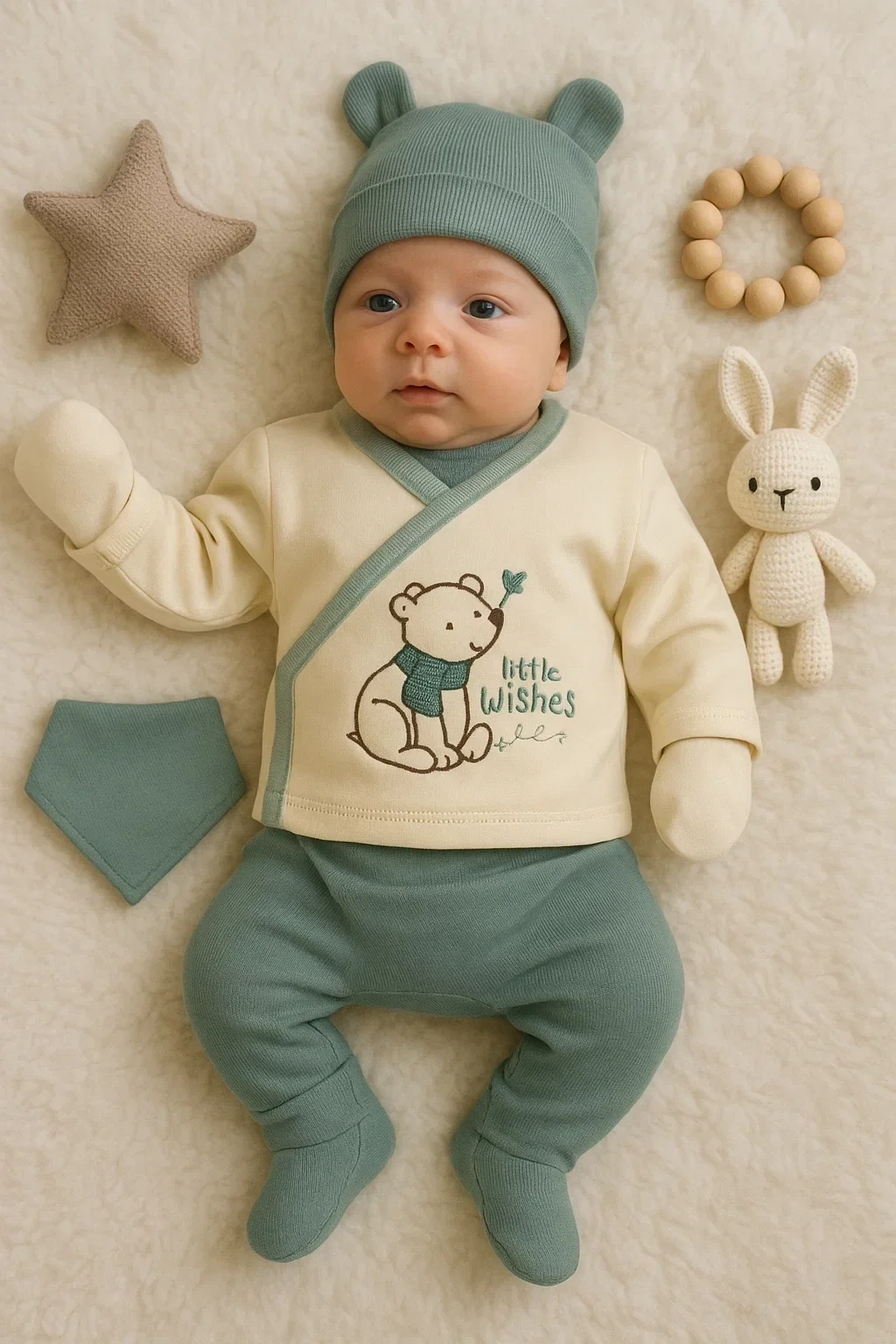 Waffle Natural % 100 Pamuk 5li Erkek Bebek Hastane Çıkış Seti