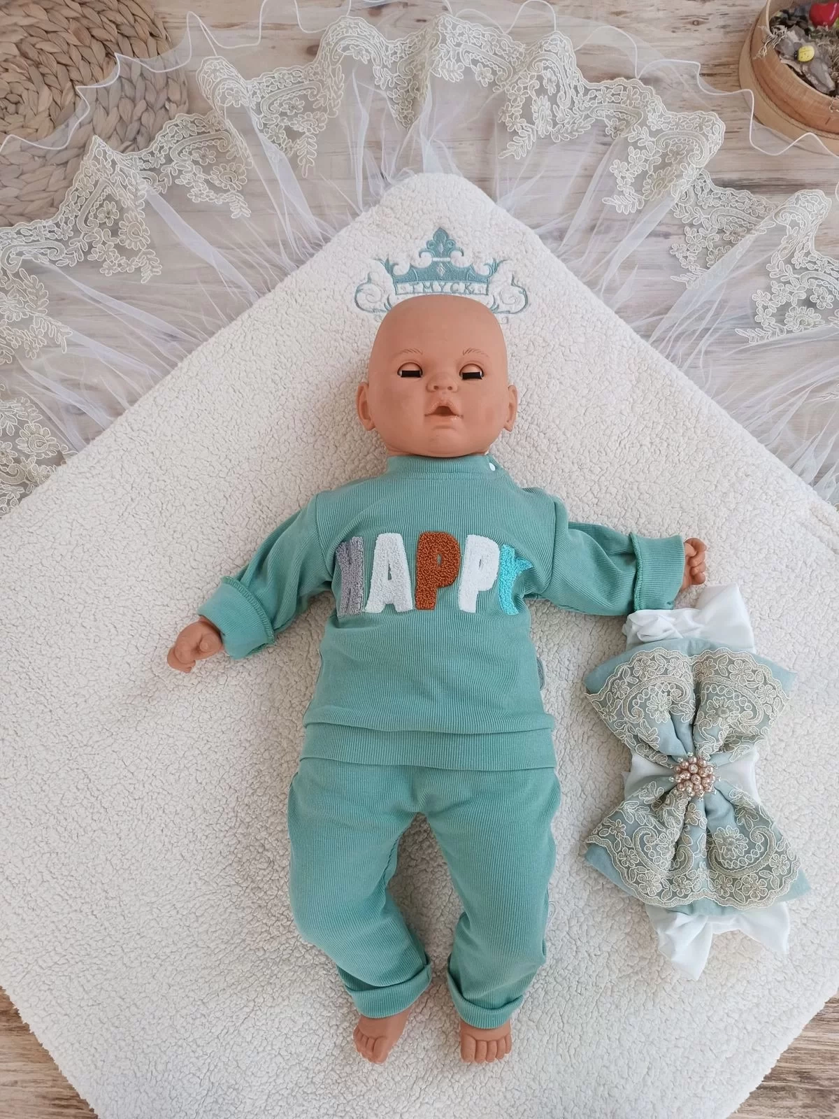 Yenidoğan Kuzulu Taç Nakış Güpürlü Fiyonklu Duvaklı Prizma Taş Unisex Kundak Bebek Battaniyesi