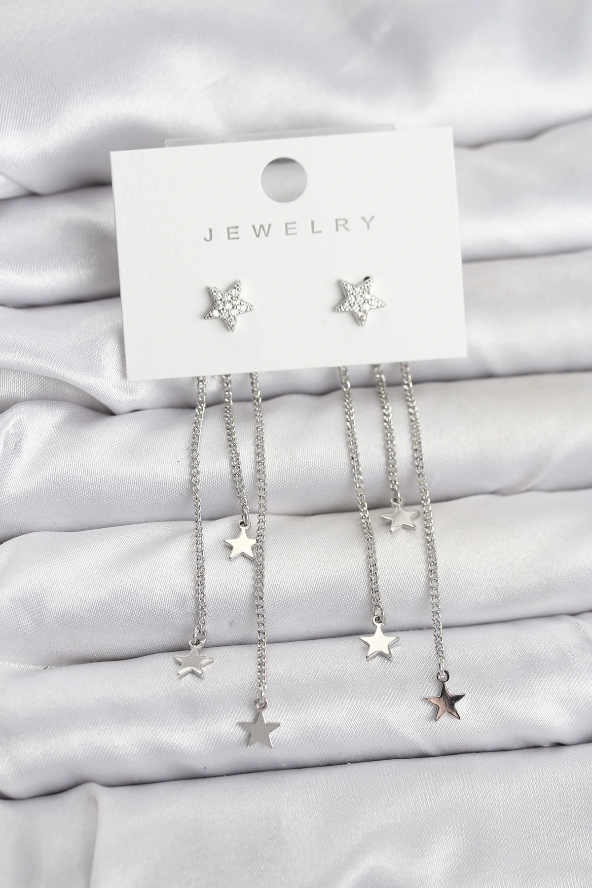 Yıldız Model Gümüş Renk Pirinç Sallantılı Kadın Küpe