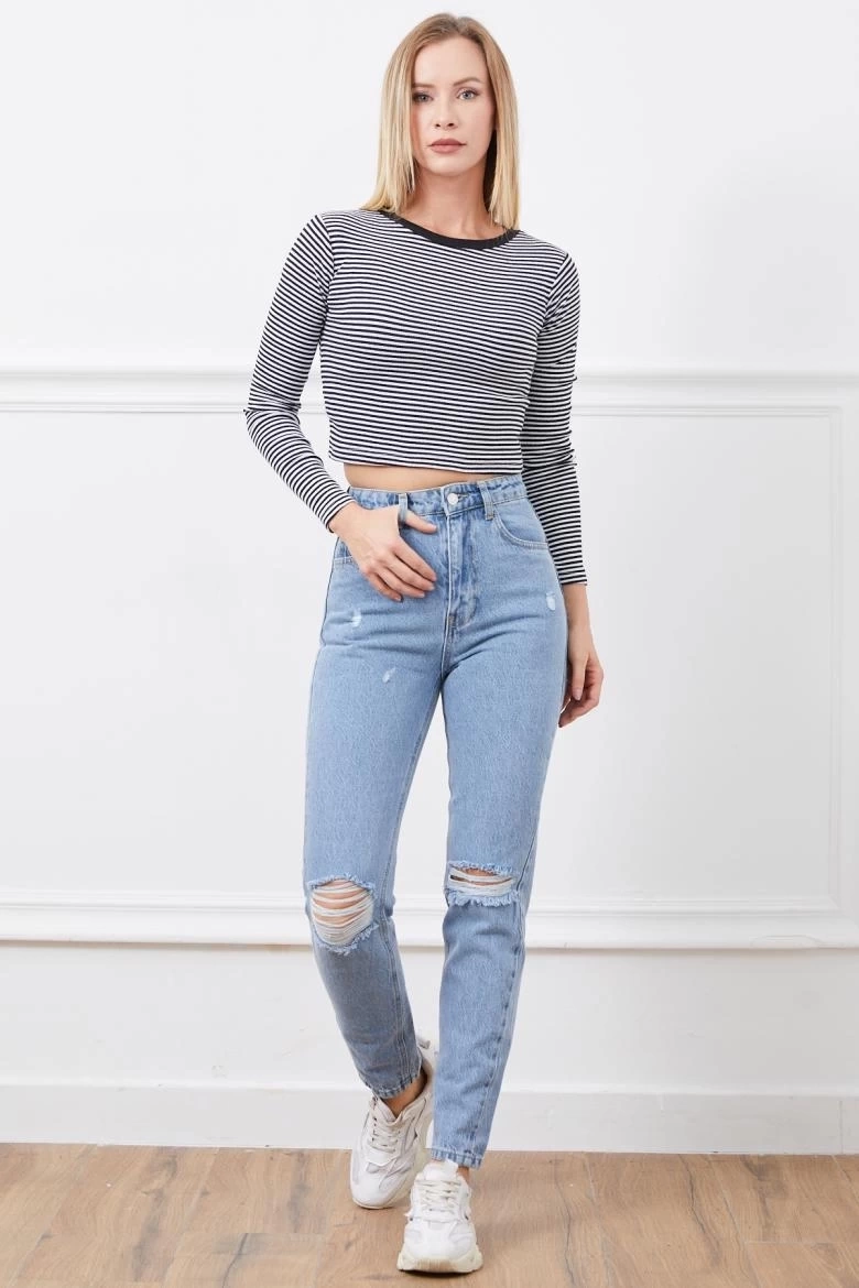 Yüksek bel yırtmaçlı mom jean pantolon