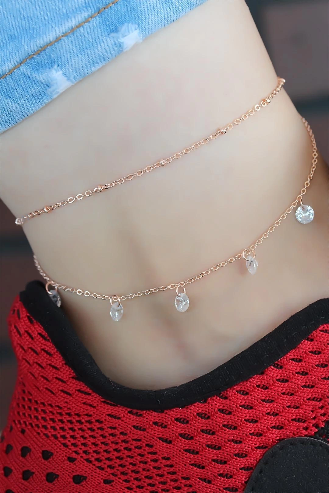 Zirkon Taşlı Çift Zincirli Rose Renk Hal Hal