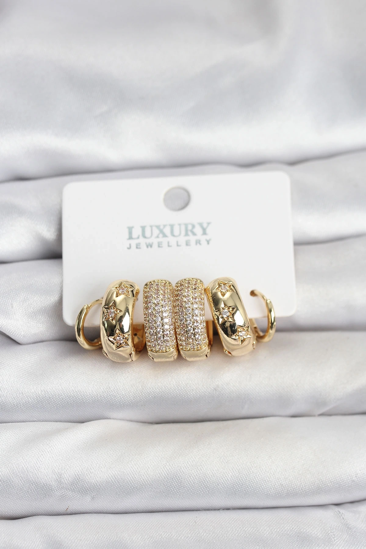 Zirkon Taşlı Pirinç Gold Renk Halka Kadın Küpe Seti