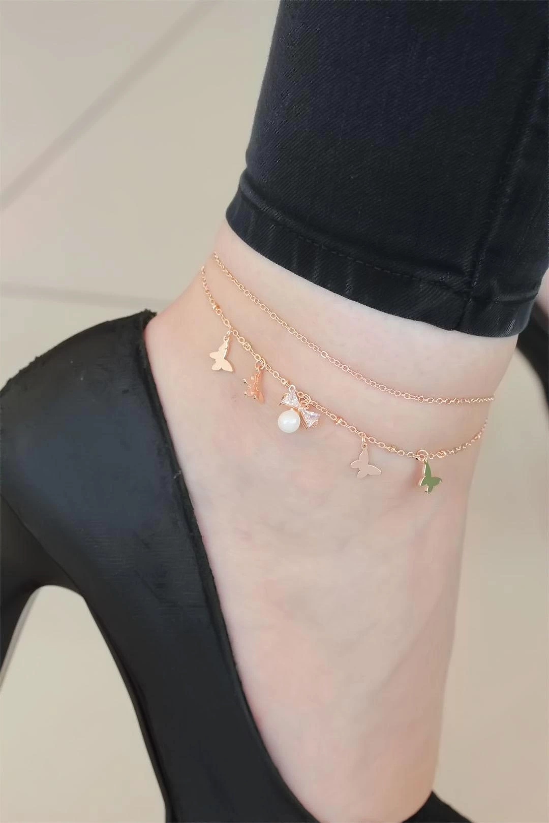 Zirkon Taşlı Rose Renk Çift Zincirli İncili Kelebek Hal Hal