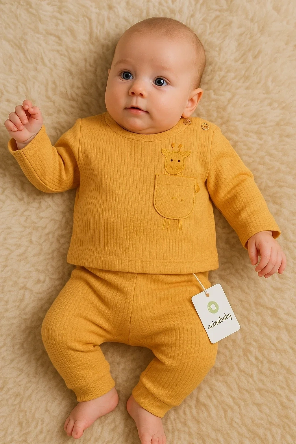 Zürafa Cep Nakışlı Omuzdan Düğmeli % 100 Pamuk Erkek Bebek Takım