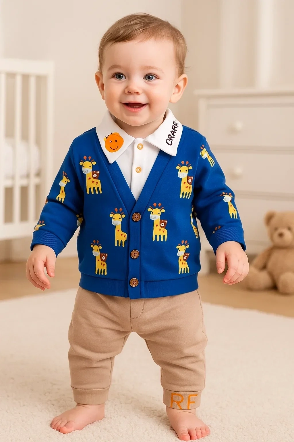 Zürafa Desenli Gömlek Yakalı 3lü Erkek Bebek Takımı