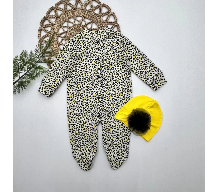 0-3-6-9 Ay Leopar Baskılı Tam Boy Çıtçıtlı Patikli Güllü Boneli Kız Bebek Tulumu