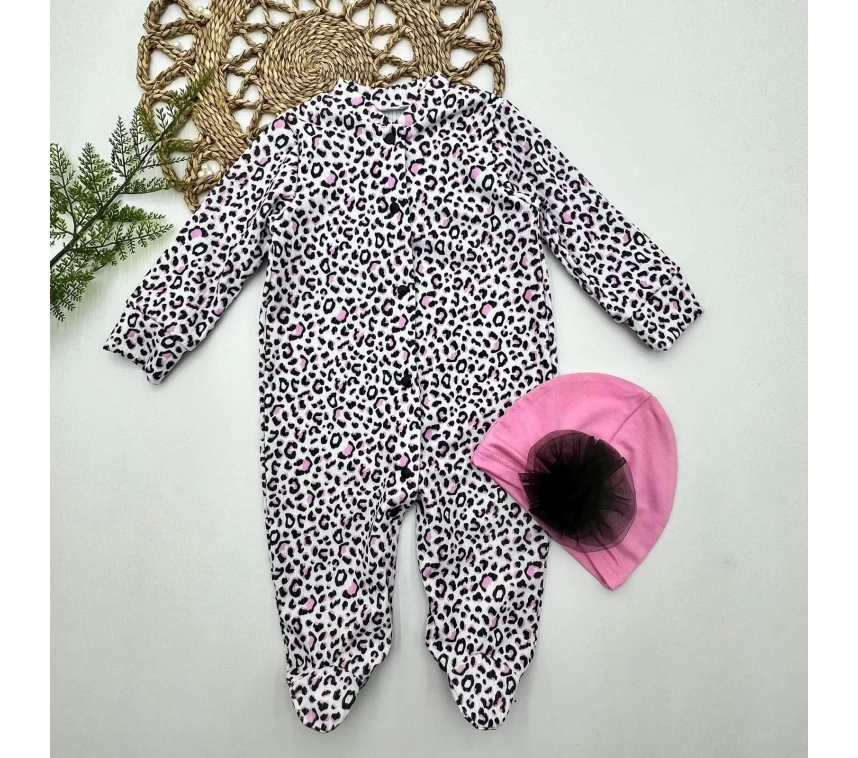 0-3-6-9 Ay Leopar Baskılı Tam Boy Çıtçıtlı Patikli Güllü Boneli Kız Bebek Tulumu