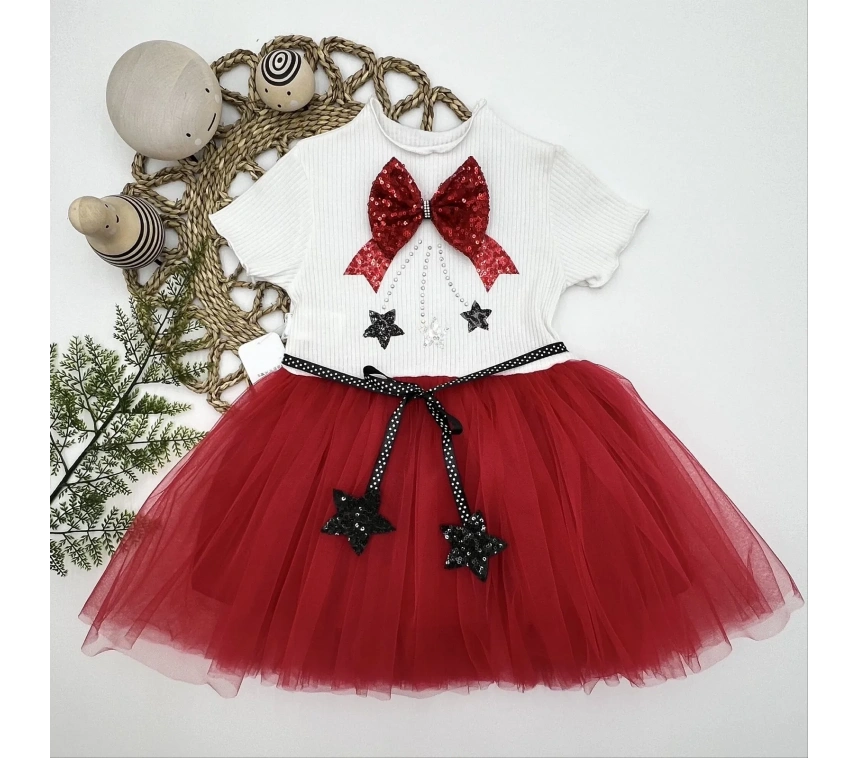 1-2-3 Yaş Payetli Yıldız Nakışlı Astarlı Etek Kız Bebek Tütü Elbisesi Ekru