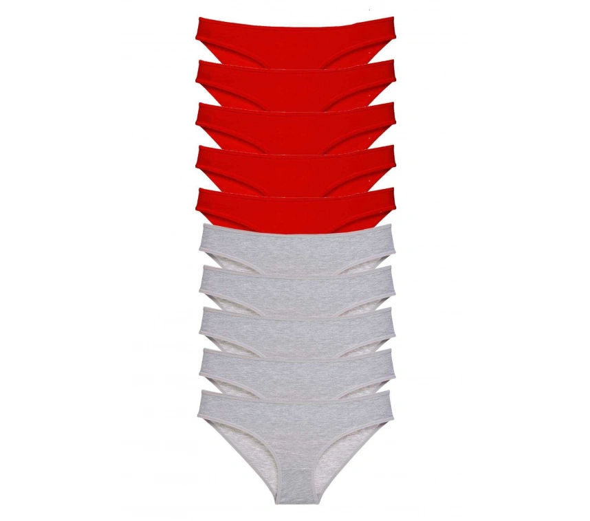 10 Adet Süper Eko Set Likralı Kadın Slip Külot Kırmızı Gri