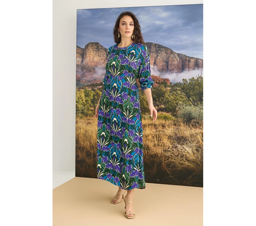 %100 Viskon Çiçek Desenli Saten Elbise