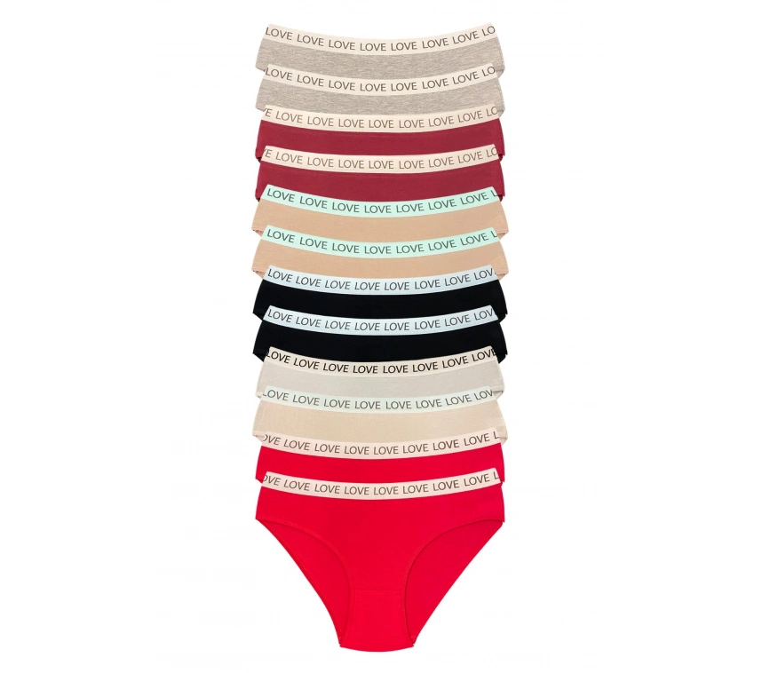 12 Adet Pamuklu Esnek Kadın Slip Bikini Külot Geniş Lastikli Baskılı