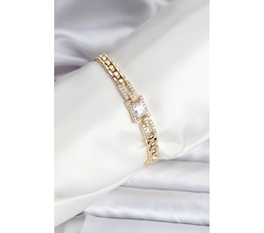 14K Gold Renk Kaplama Zirkon Kare Taşlı CM Kadın Bileklik