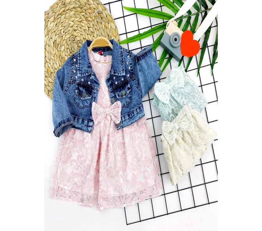 2-3-4-5 Yaş Kot Ceketli Astarlı Güpürlü 2li Kız Çocuk Elbisesi Pembe