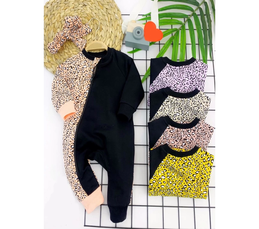 3-6-9-12 Ay Bandanalı Leopar Desenlı Fermuar Kapama Kız Bebek Tulumu